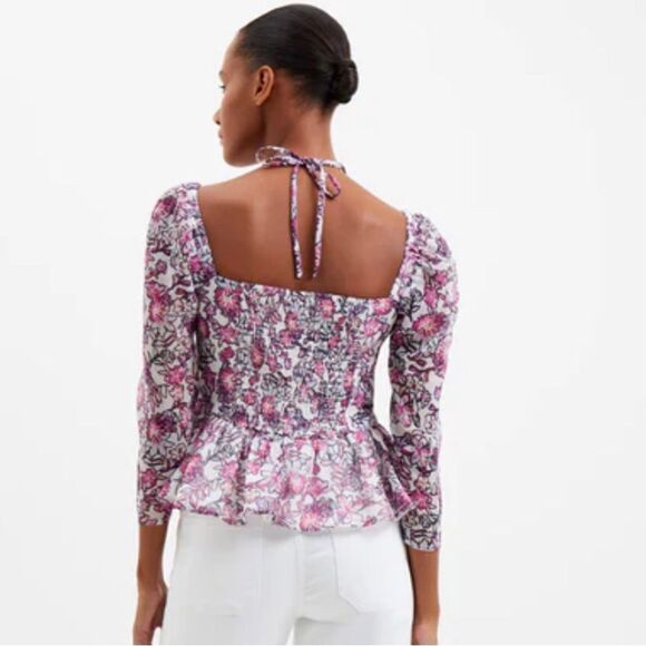 FRENCH CONNECTION Floral Halter Peplum Top Smocked Pink Purple Size Large New‎ - Picture 3 of 15